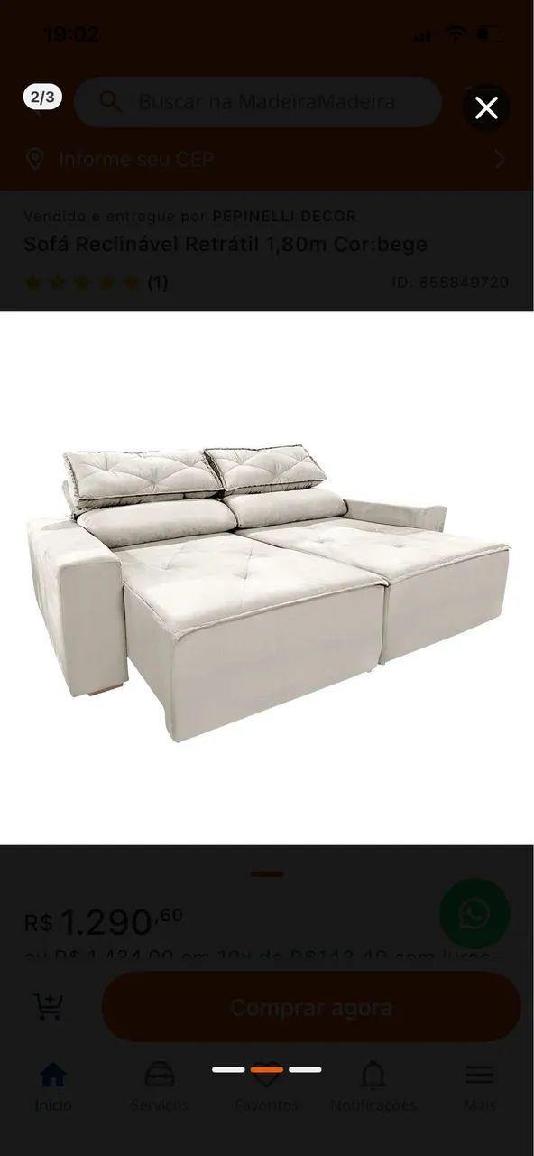 Sofá reclinável retrátil 1,80 m bege PEPINELLI DECOR