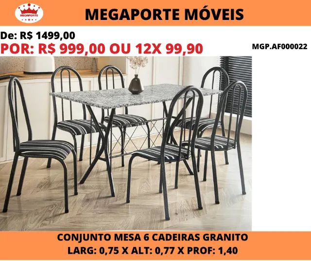 Conjunto de Mesa 0,75x1,40 Tampo Granito 6 Cadeiras