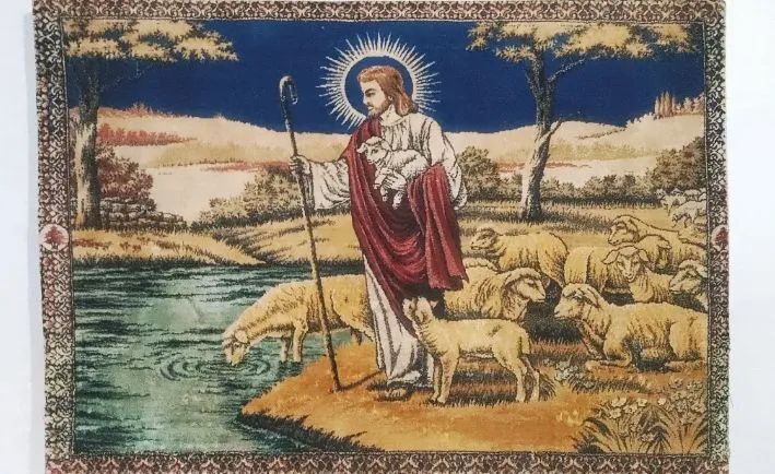 Quadro Tapeçaria felpudo antiga jesus bom pastor ovelhas oriental - Foto 4