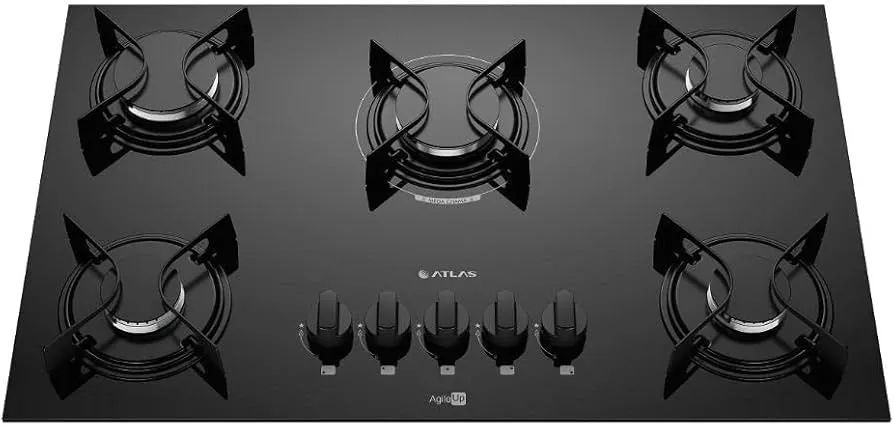 Cooktop 5 Bocas Preto com Mesa de Vidro e Tripla Chama Atlas novo
