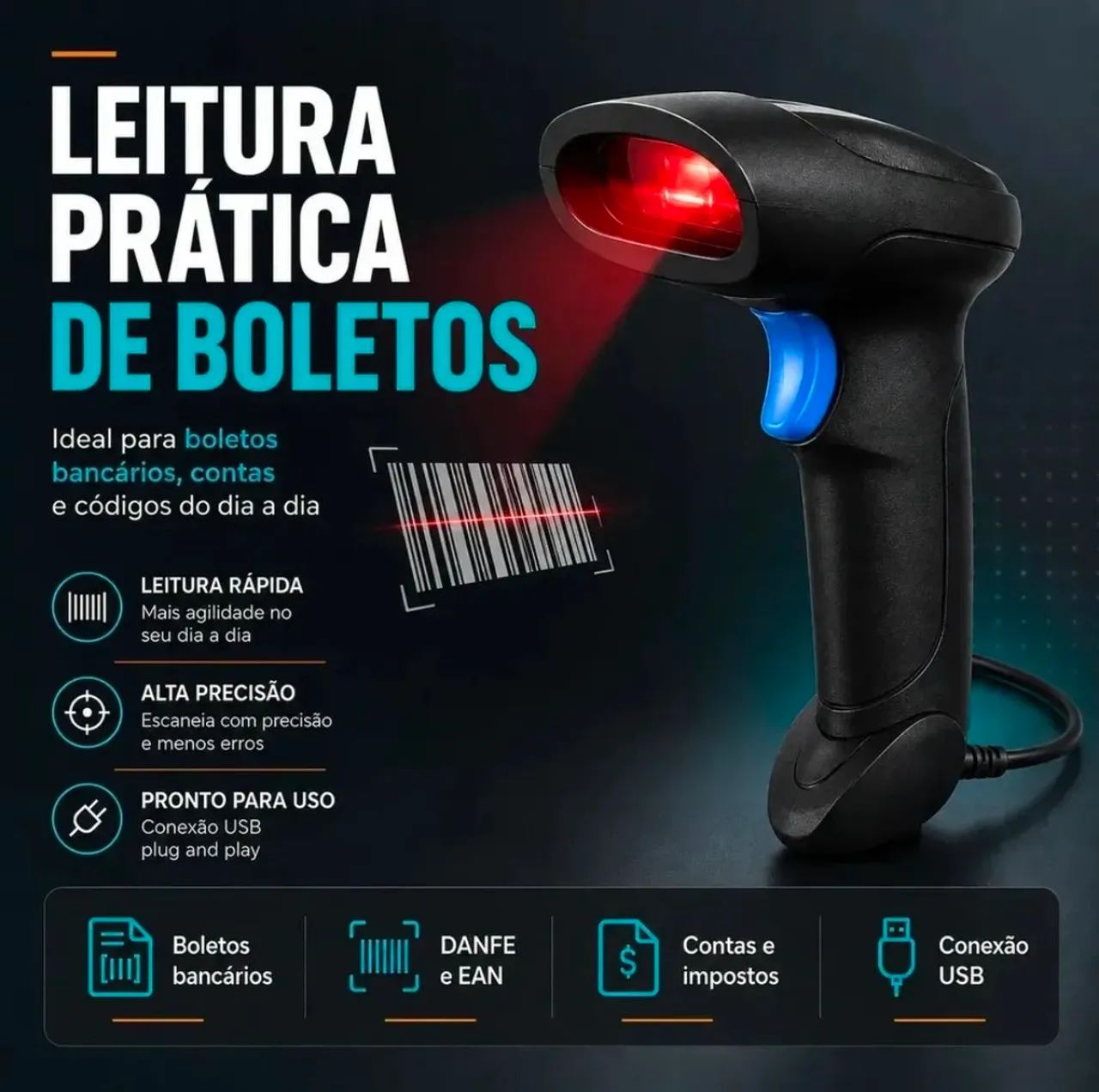 Leitor de Código de Barras Laser 1D USB com Fio - Plug and Play - Foto 4