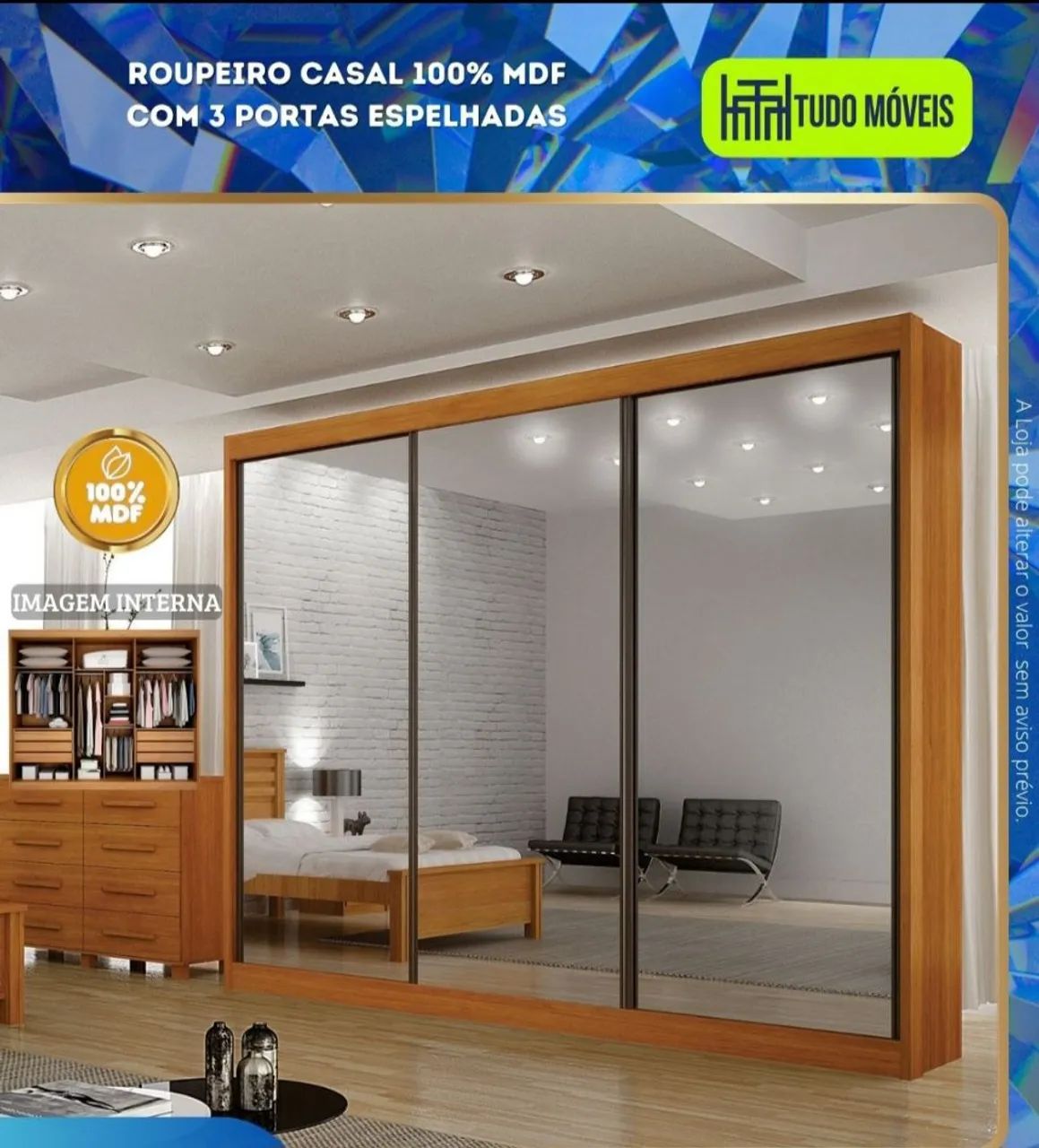 ROUPEIRO CASAL 100% MDF 3 PORTAS COM ESPELHADAS - Foto 2