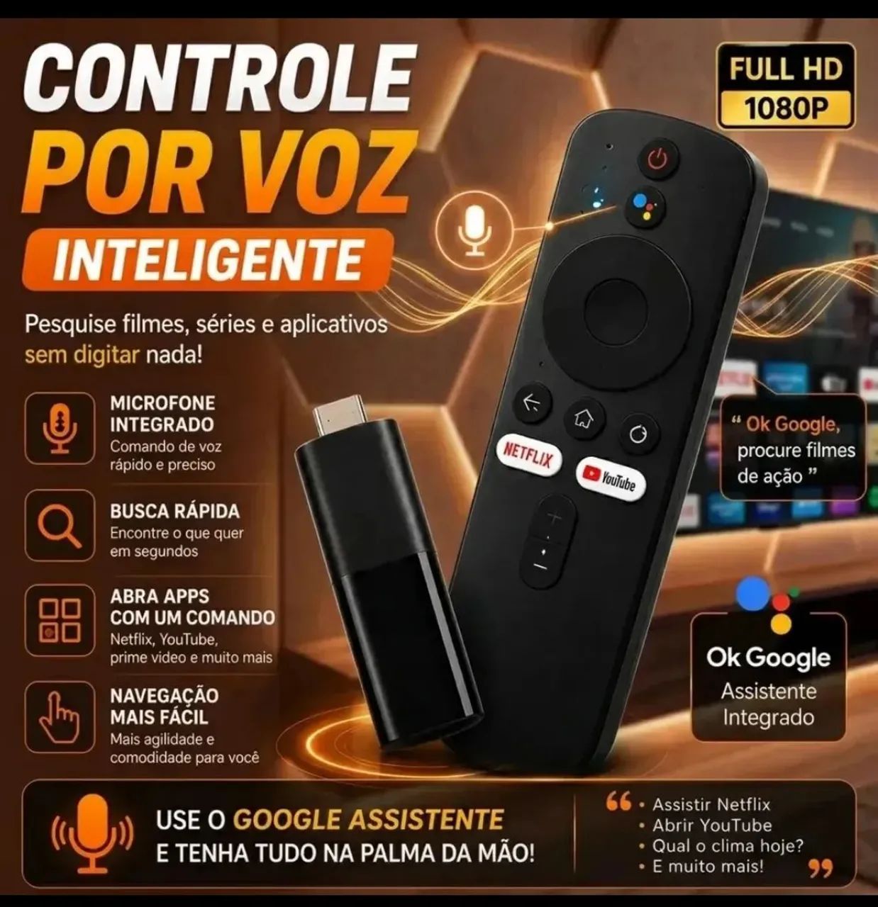 Tv Stick Android c/ Controle de Voz - Transforme sua Tv em Smart - Foto 2