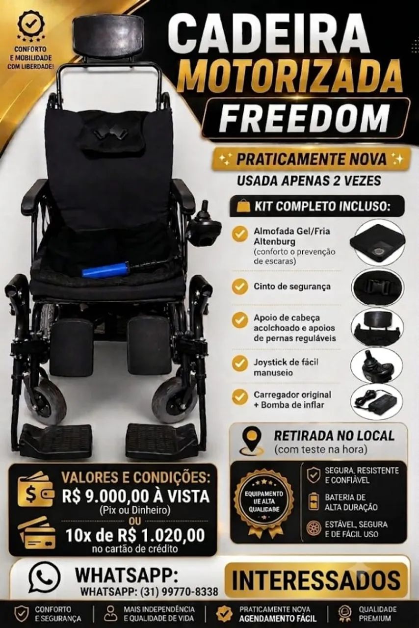 Cadeira de rodas motorizada Freedom, impecável e usada apenas 2 vezes