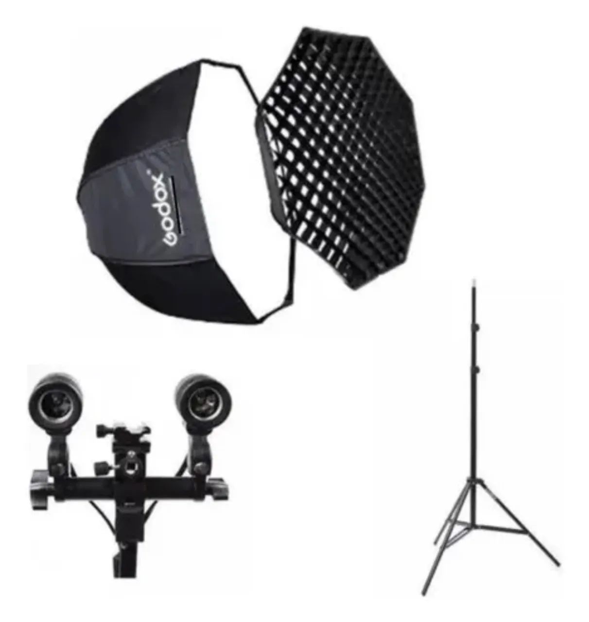 Kit softbox Godox 80cm c/ gride + tripé +  sup lâmpada duplo