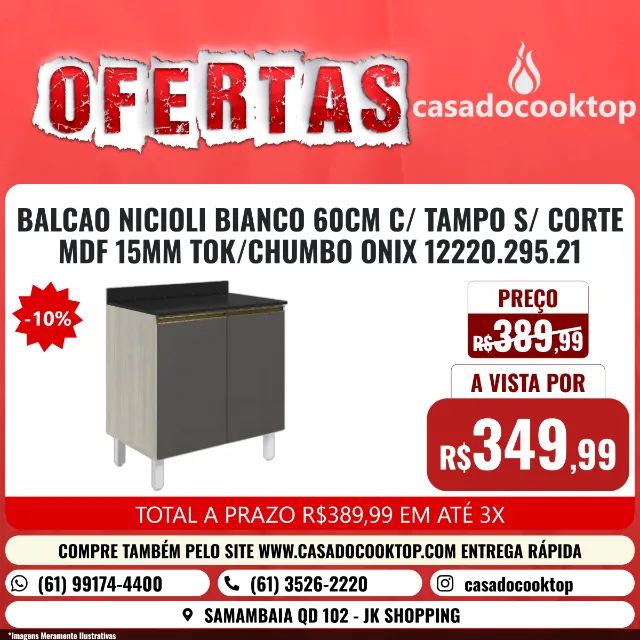 BALCAO NICIOLI BIANCO 60CM C/ TAMPO S/ CORTE MDF 15MM TOK/CHUMBO ONIX 12220.295.21