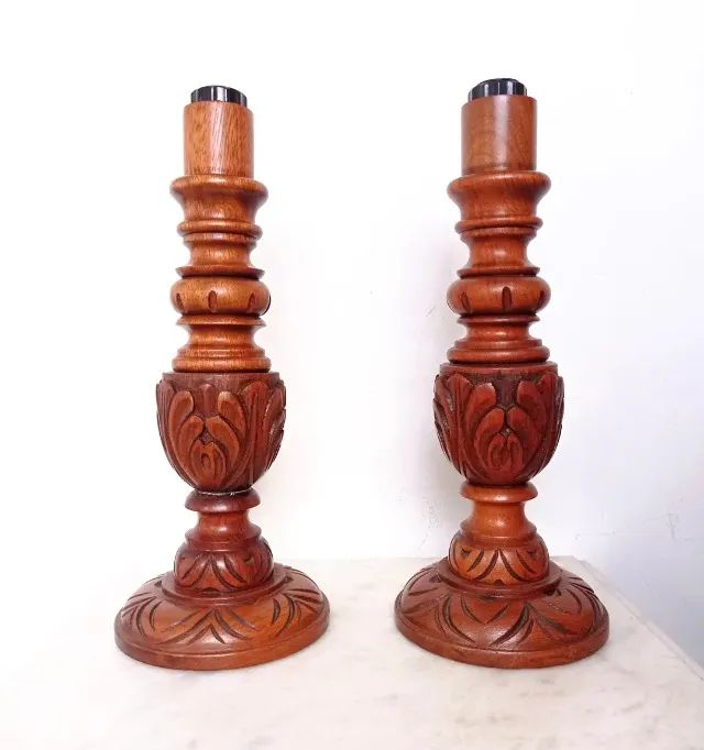 Par de bases de madeira cerejeira para abajur antiguidade 41x17cm