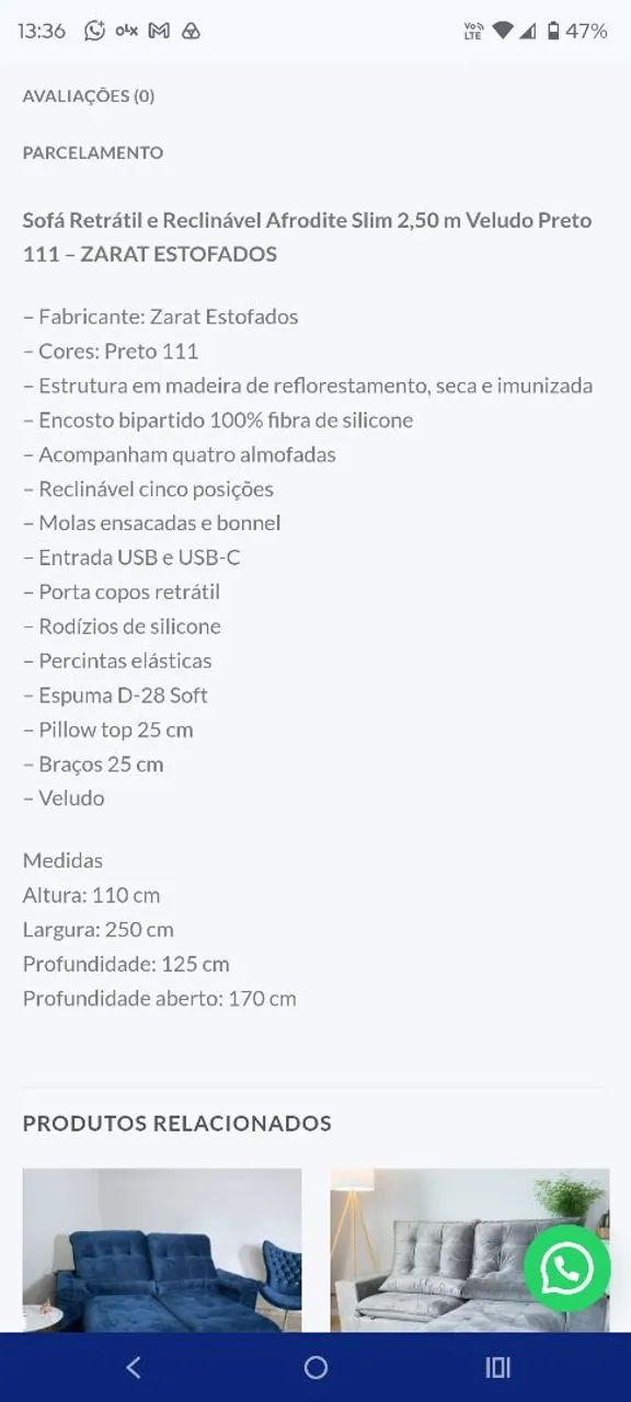 Sofá Afrodite 2.50m veludo retrátil e reclinável porta USB e copos / várias cores  - Foto 5