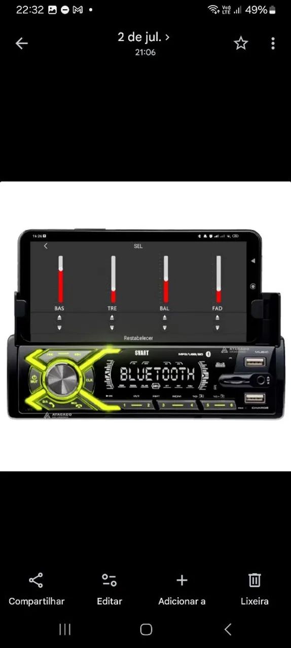 SOM AUTOMOTIVO COM SUPORTE PARA CELULAR  - Foto 3