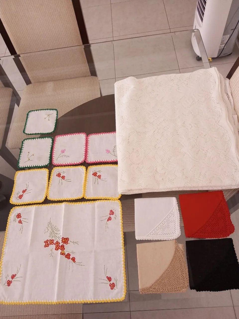 Kit toalha de mesa renda, centro mesa