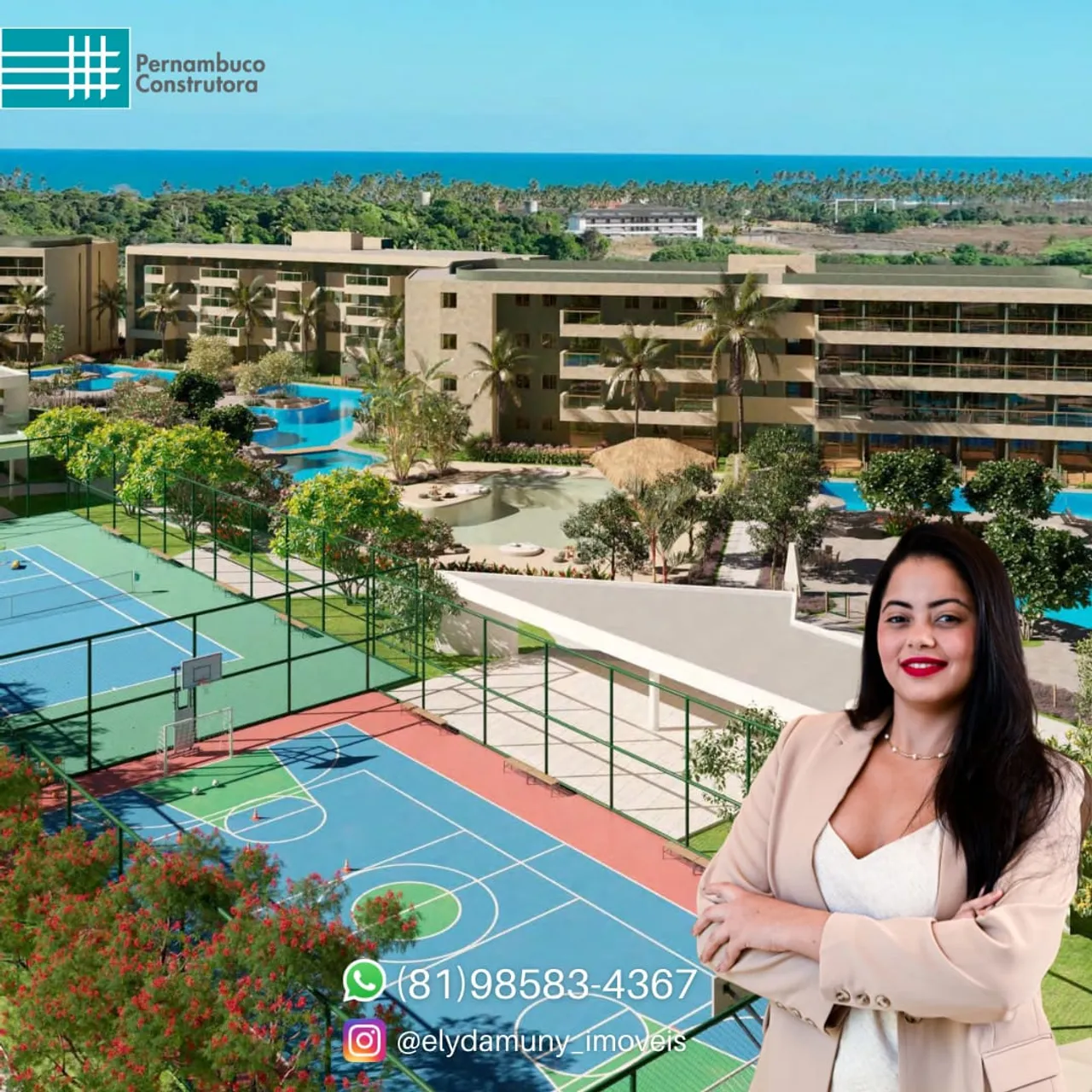 Flats Studios com Varanda em Resort na Praia de Muro Alto