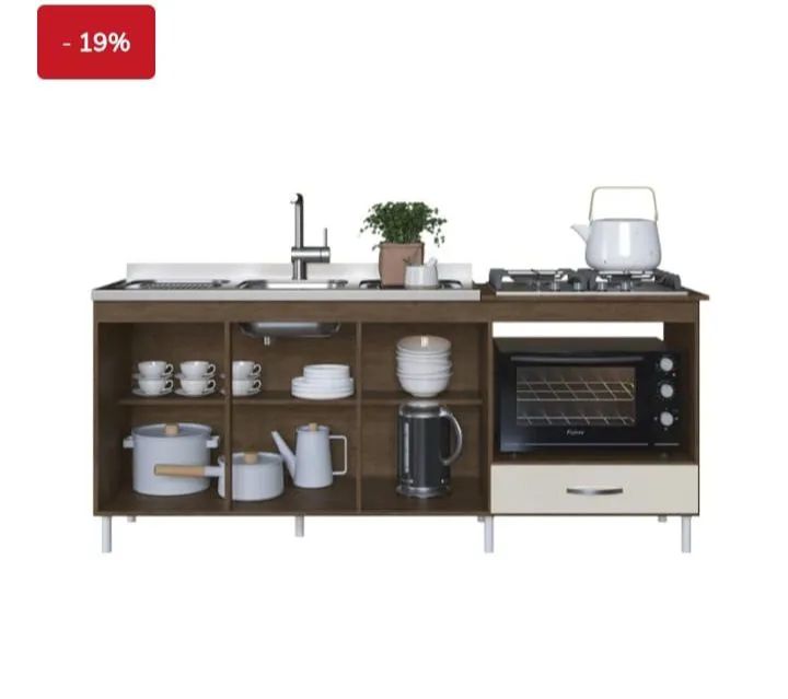 Balcão de Cozinha Branco/Marrom com 3 Portas e Gaveta + Pia granito preto  - Foto 2