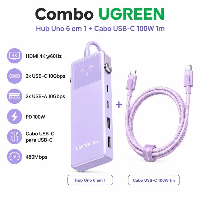 Kit Hub UGREEN Uno 6 em 1 Roxo + Cabo USB-C 100W 1m