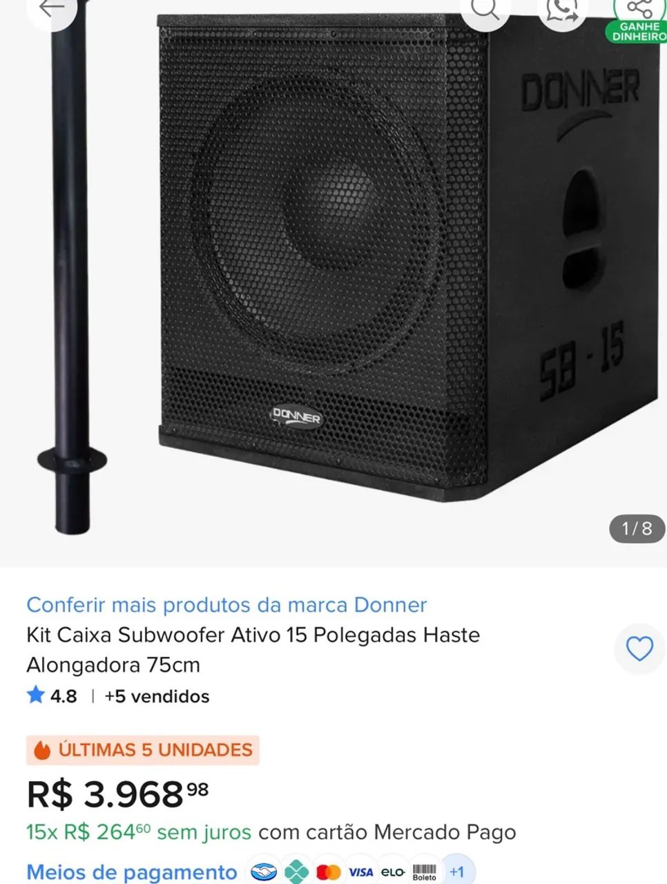 Caixa de grave profissional donner ativa 15 polegadas 