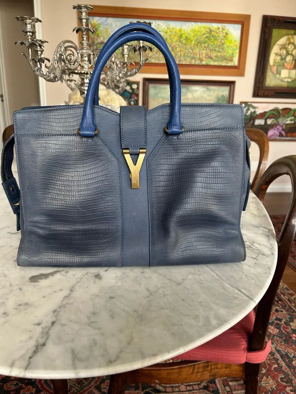 Bolsa YSL Cabas Chyc azul couro