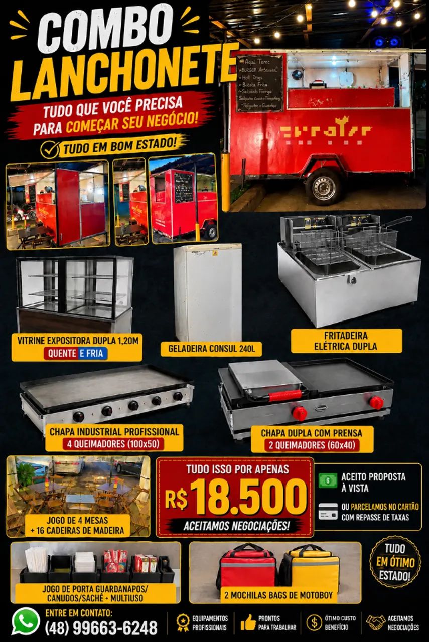 COMBO COMPLETO DE LANCHONETE À VENDA: TRAILER + EQUIPAMENTOS
