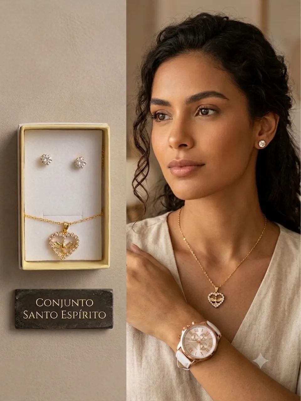 Relógio Quartzo Branco e Colar Fenix com Brincos com 1 Milésimo 4 Peças 