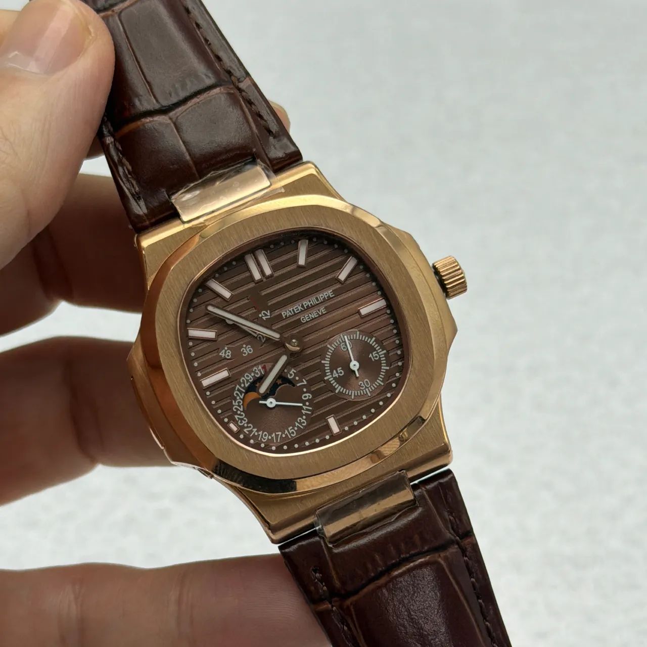 Relogio Patek Automático- Couro Marrom - Reserva 48h - Fundo Transparente- Prm AAA+