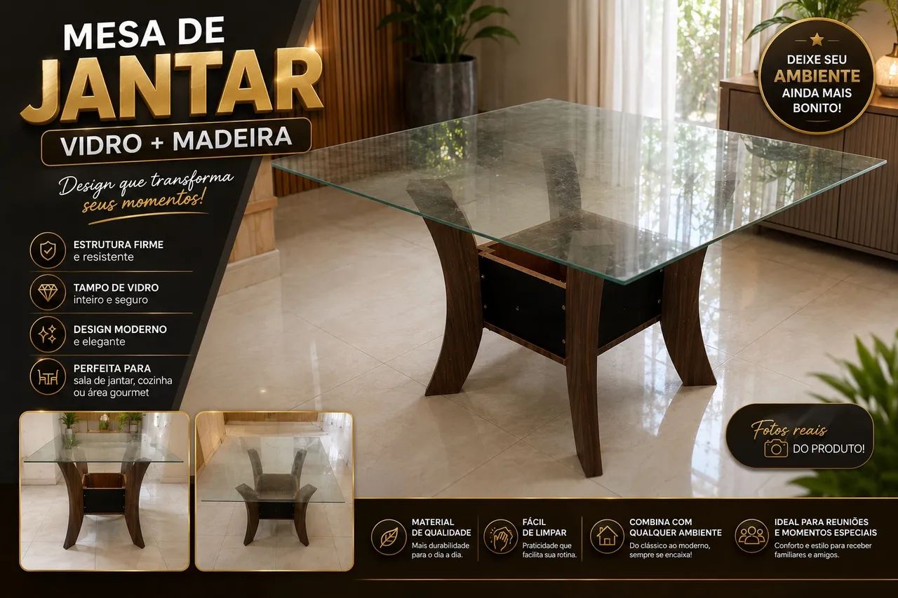MESA DE JANTAR - VIDRO + MADEIRA 