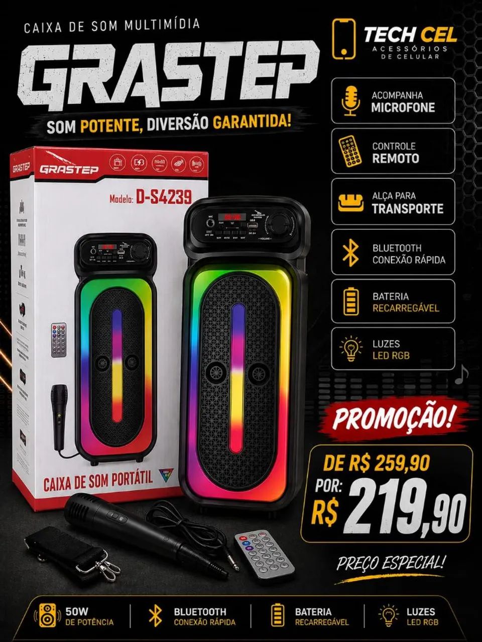 CAIXA DE SOM GRANDE COM MICROFONE E CONTROLE 
