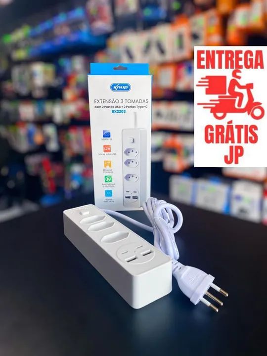 EXTENSÃO 3 BOCAS, PORTA USB E TIPO C