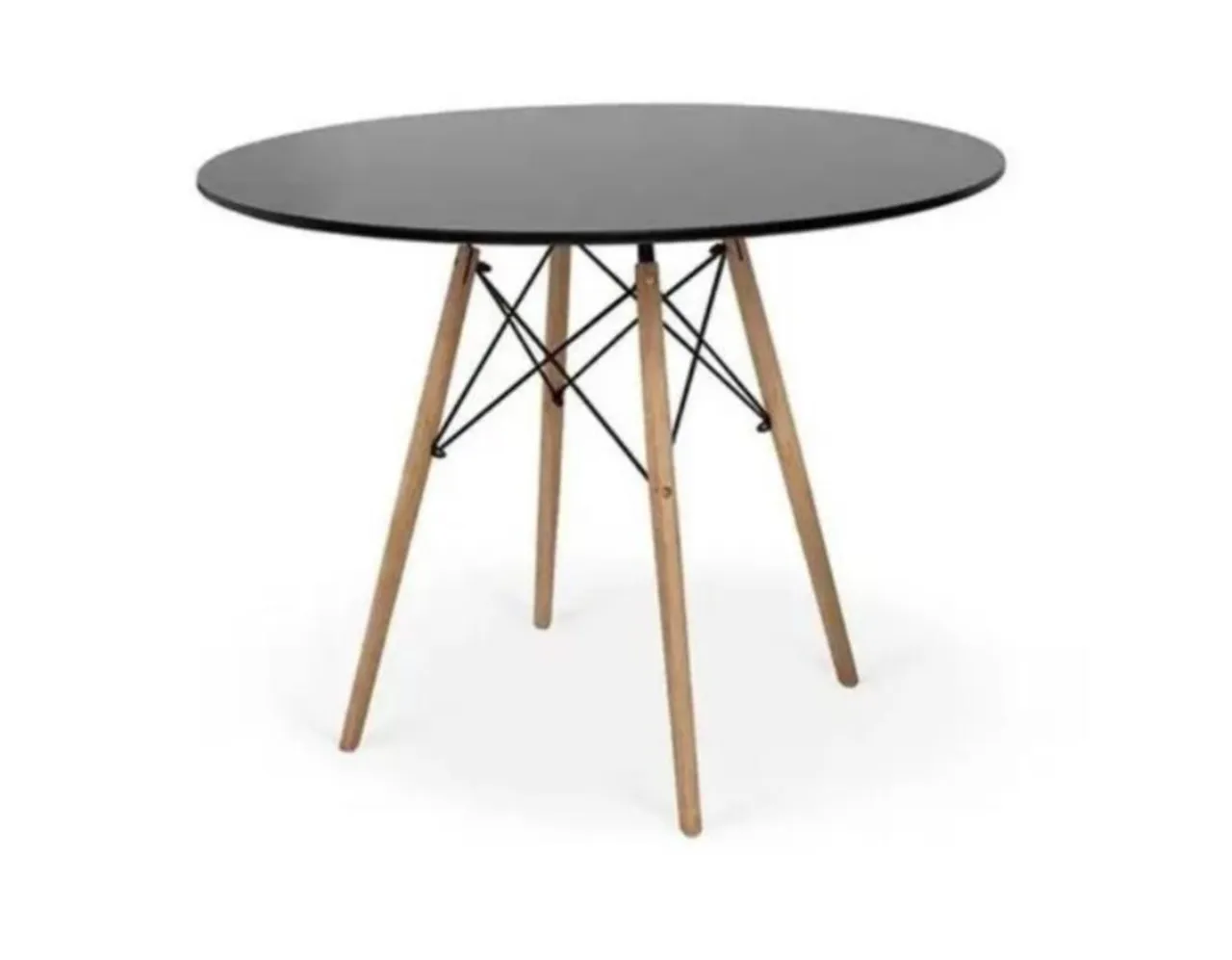 Mesa Redonda Preta com Pés em Madeira - Design Moderno