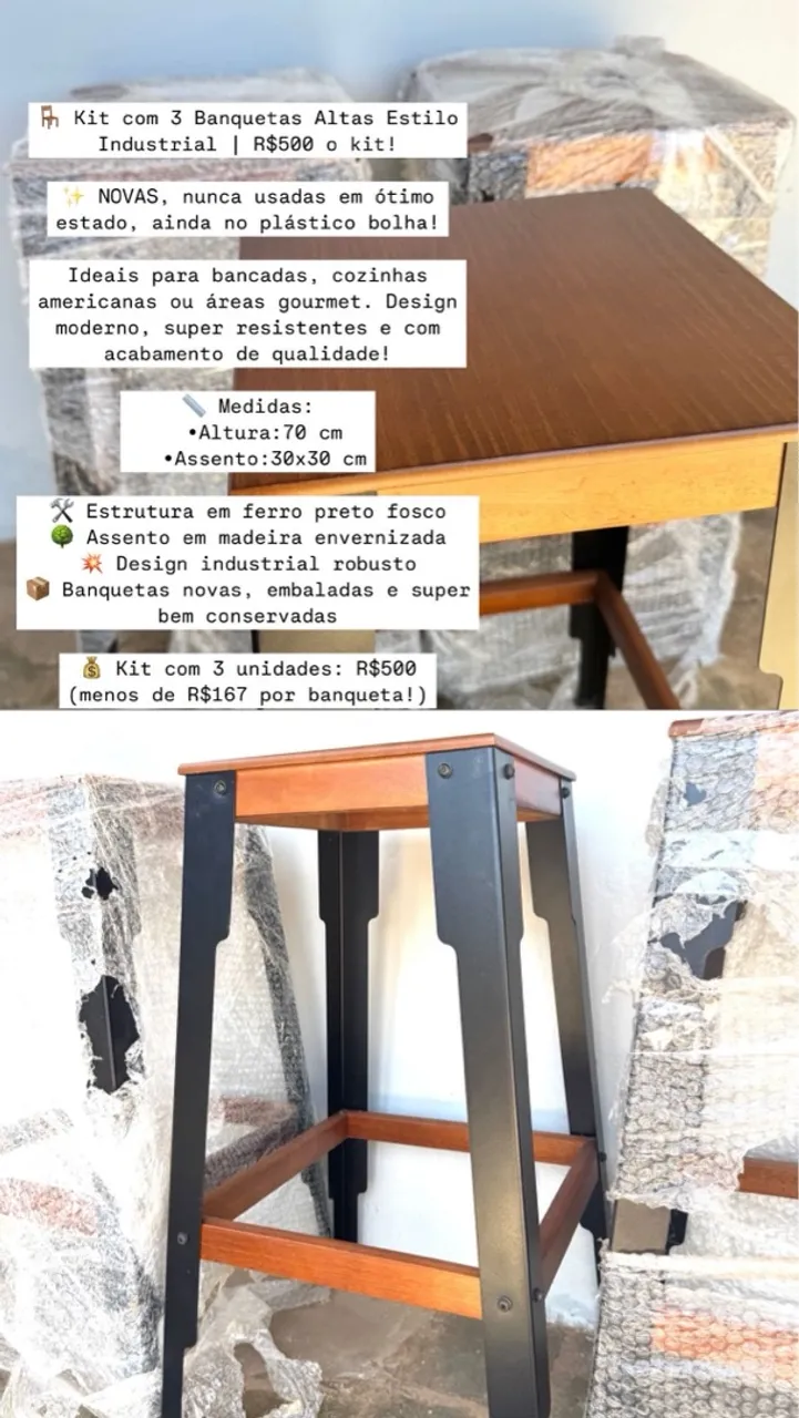 Kit 3 Banquetas Altas Estilo Industrial - R$500
