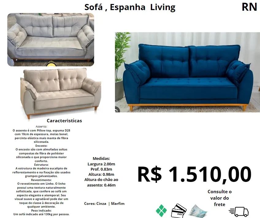 Sofá Espanha Living 2 Lugares - Cinza ou Marfim