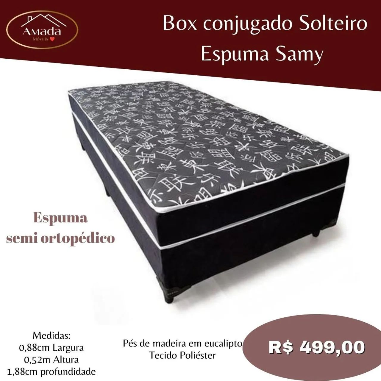 Box Conjugado Solteiro Espuma Samy - R$ 499,00 , Entrega  em 3 dias 