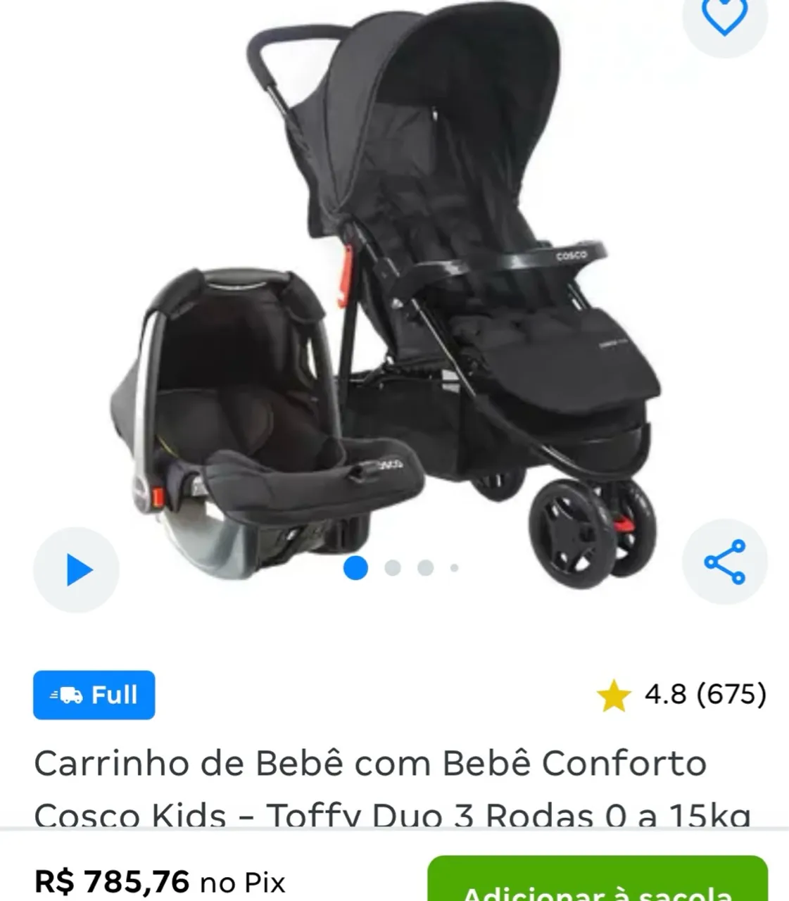 Carrinho de Bebê com Bebê Conforto Cosco Kids - Toffy Duo