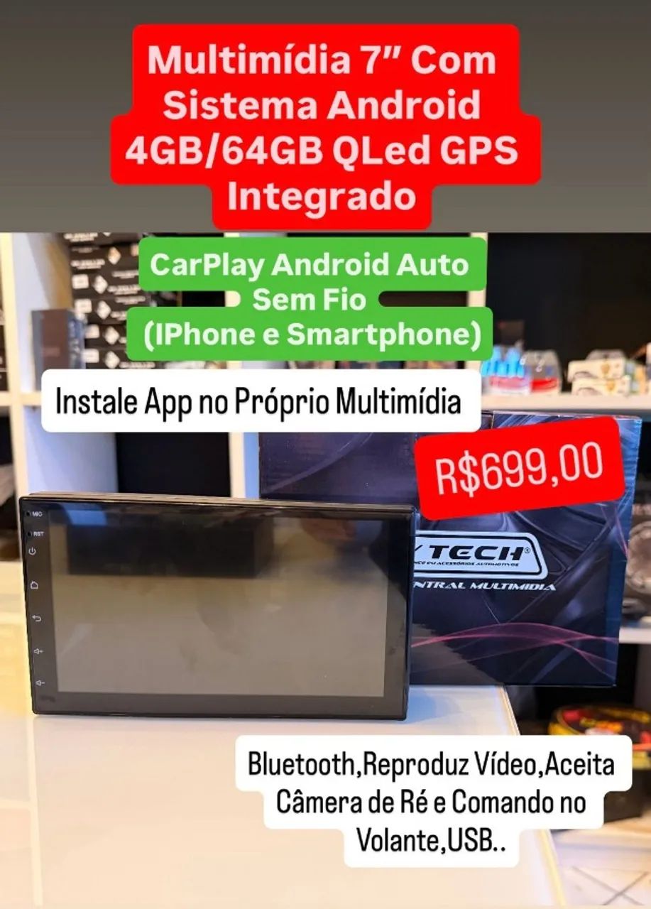 Multimidia Android 7 Polegadas 4Gb-64Gb Carplay Android Auto Sem Fio Gps Integrado Qled