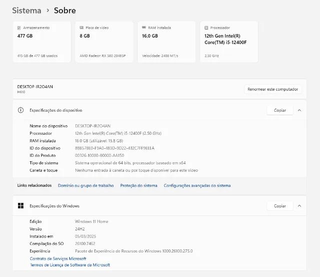 PC Gamer | Intel i5 12ª Geração | RX 580 8GB | 16GB RAM | SSD 480GB