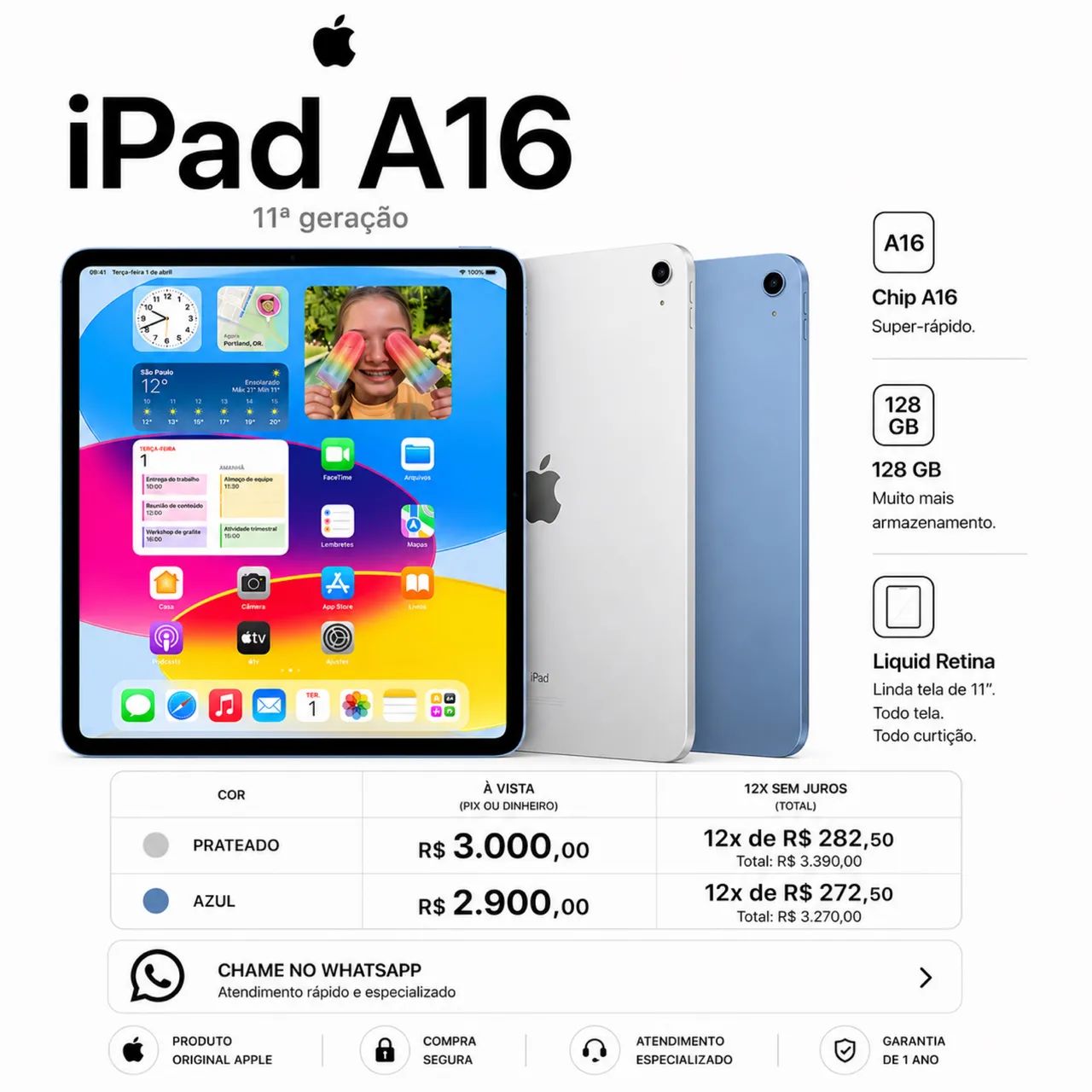 iPad 11 Geração A16 128GB - NOVO/LACRADO