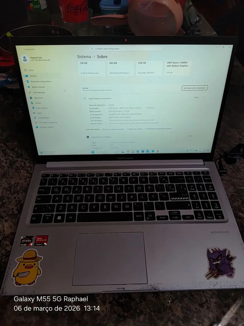 Notebook Vivobook Asus ryzen 5 4600H 8gb ram SSD 256gb 