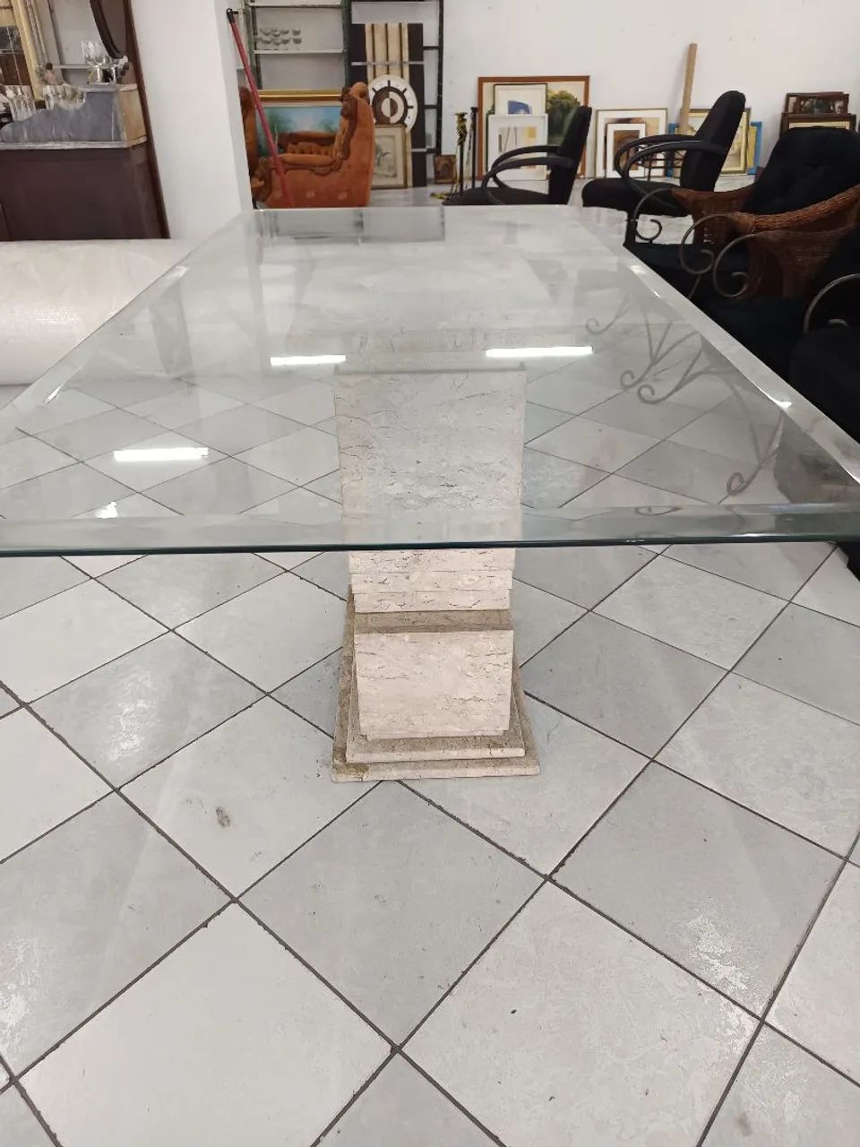Mesa retangular com pé de mármore e vidro bisotado  - Foto 2