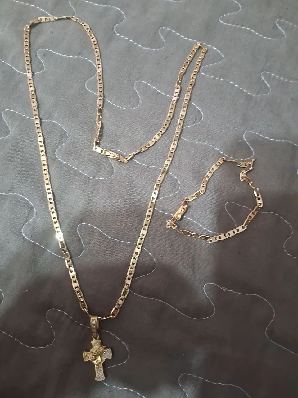 Cordao + pulseira + pingente piasteine banhada ouro - Foto 4