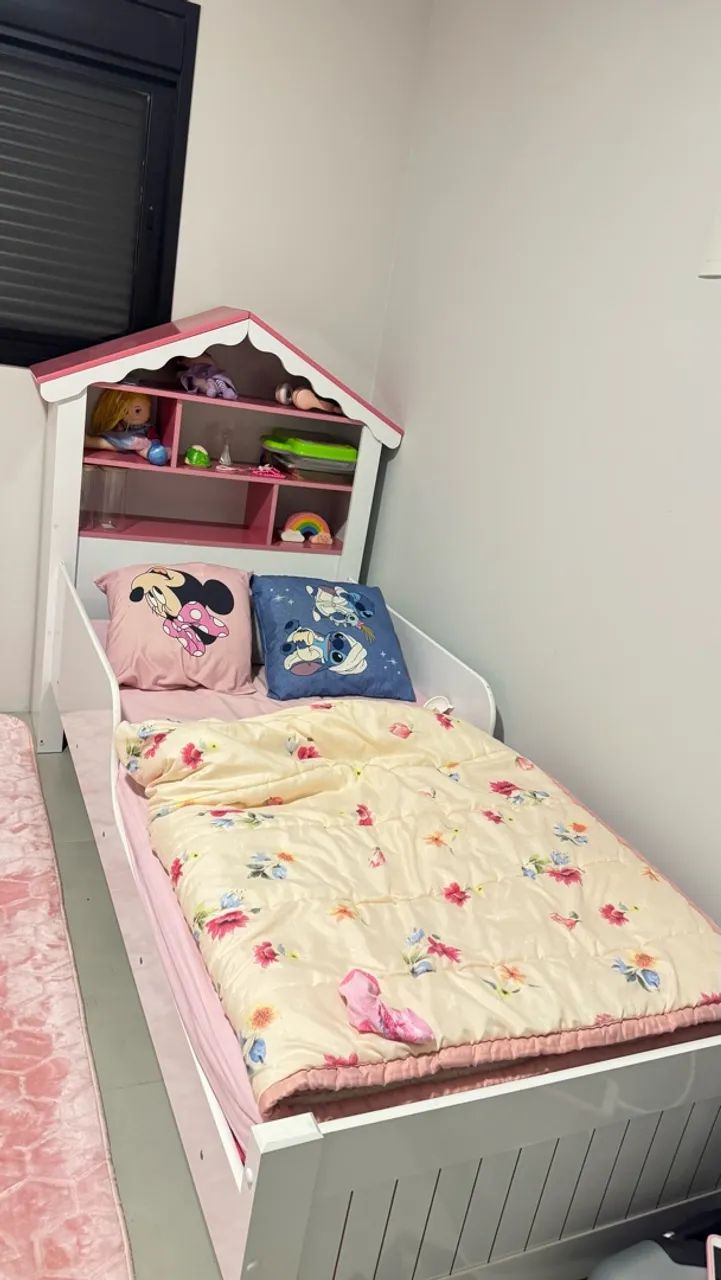 Cama Solteiro Infantil Princesa com Cabeceira e Prateleiras - Branco e Rosa - Foto 3