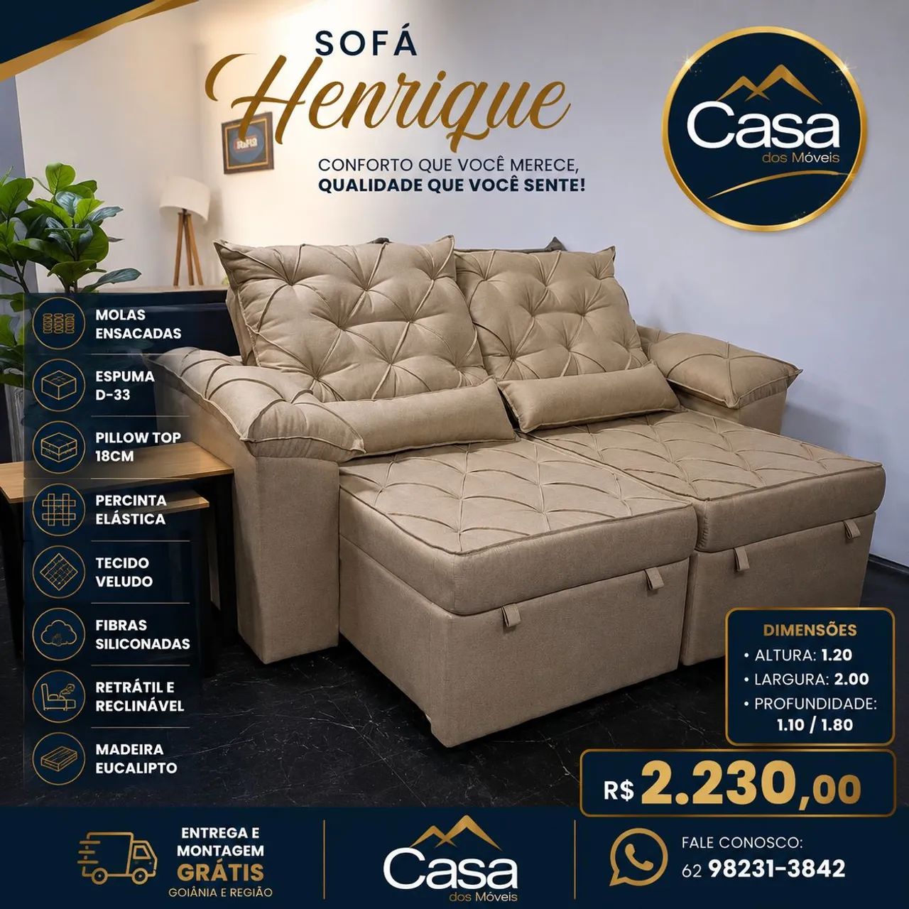 Sofá Veludo Henrique bege 
