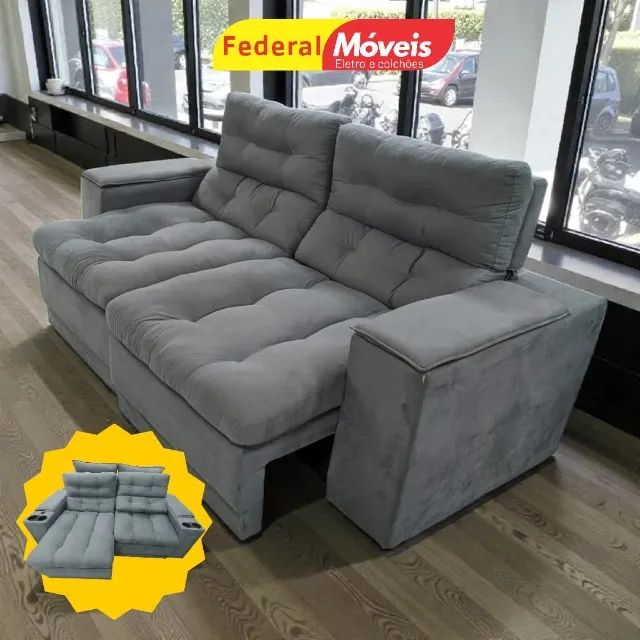 Sofá Retrátil e Reclinável 2,05m c/ Porta Copos nos Braços SUPER OFERTA