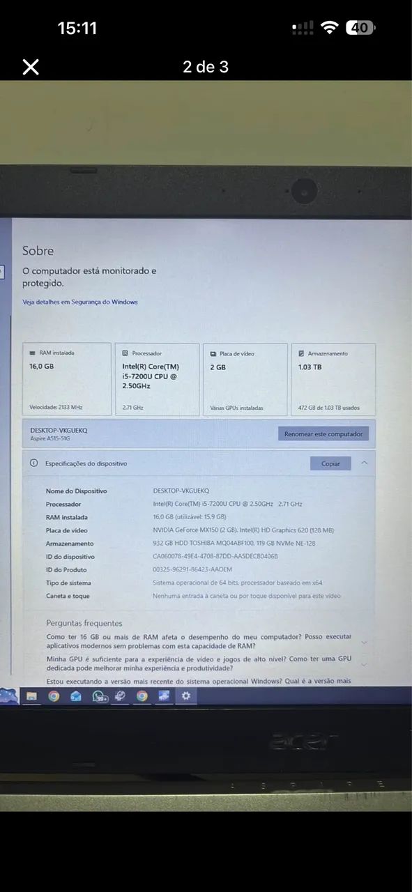 Notebook Acer Aspire A515G 16g RAM + 1TB 120gb HD (com Upgrades)
