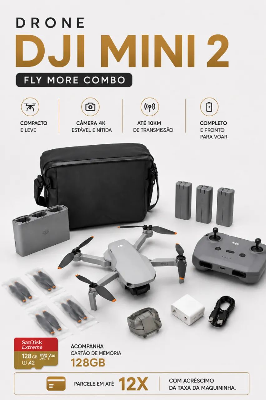 Drone DJI Mini 2 Fly More Combo + Cartão 128GB + Acessórios