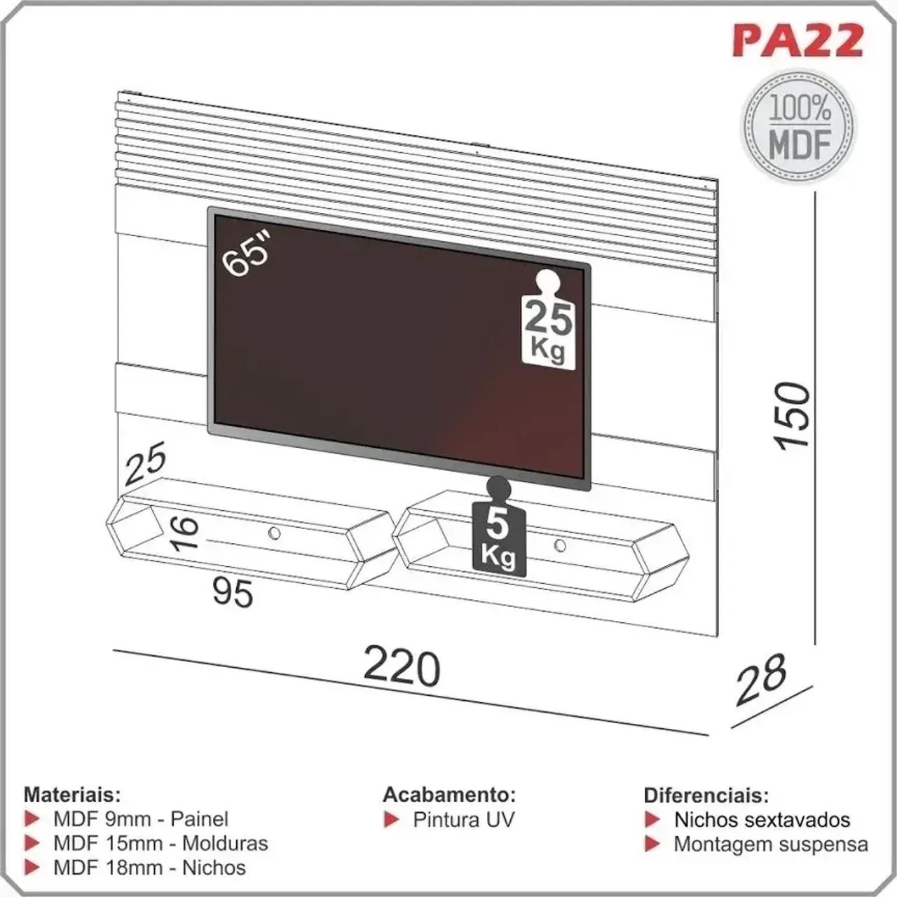 Painel Suspenso Para Tv de Até 65 Polegadas 100% Mdf - Foto 5