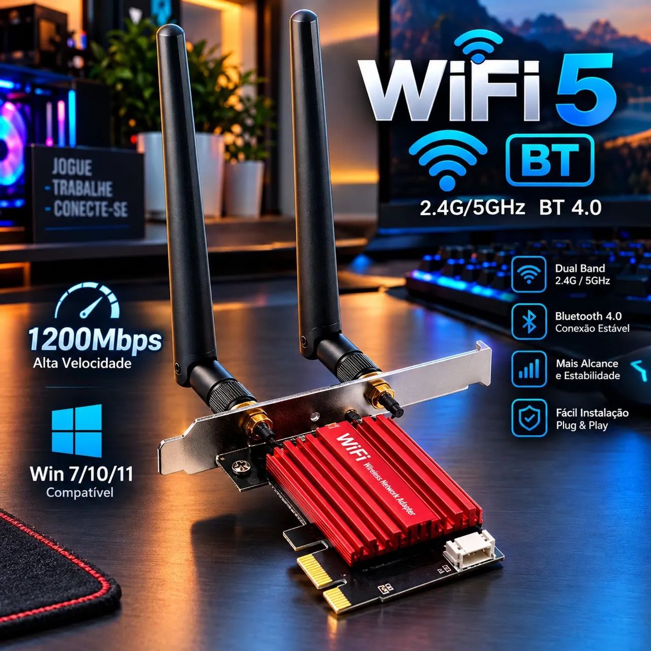 Placa de rede Wi-Fi 5.0 e Bluetooth 4.0 (Acessório novo Caixa lacrada)