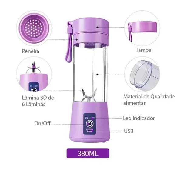 Mini Liquidificador Portátil, Bateria recarregável, com 4 lâminas