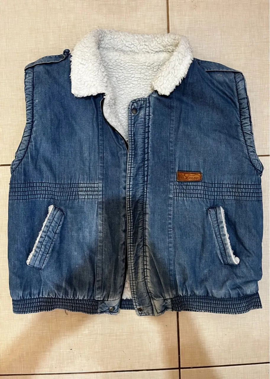 Colete Jeans com Gola de Lã anos 90