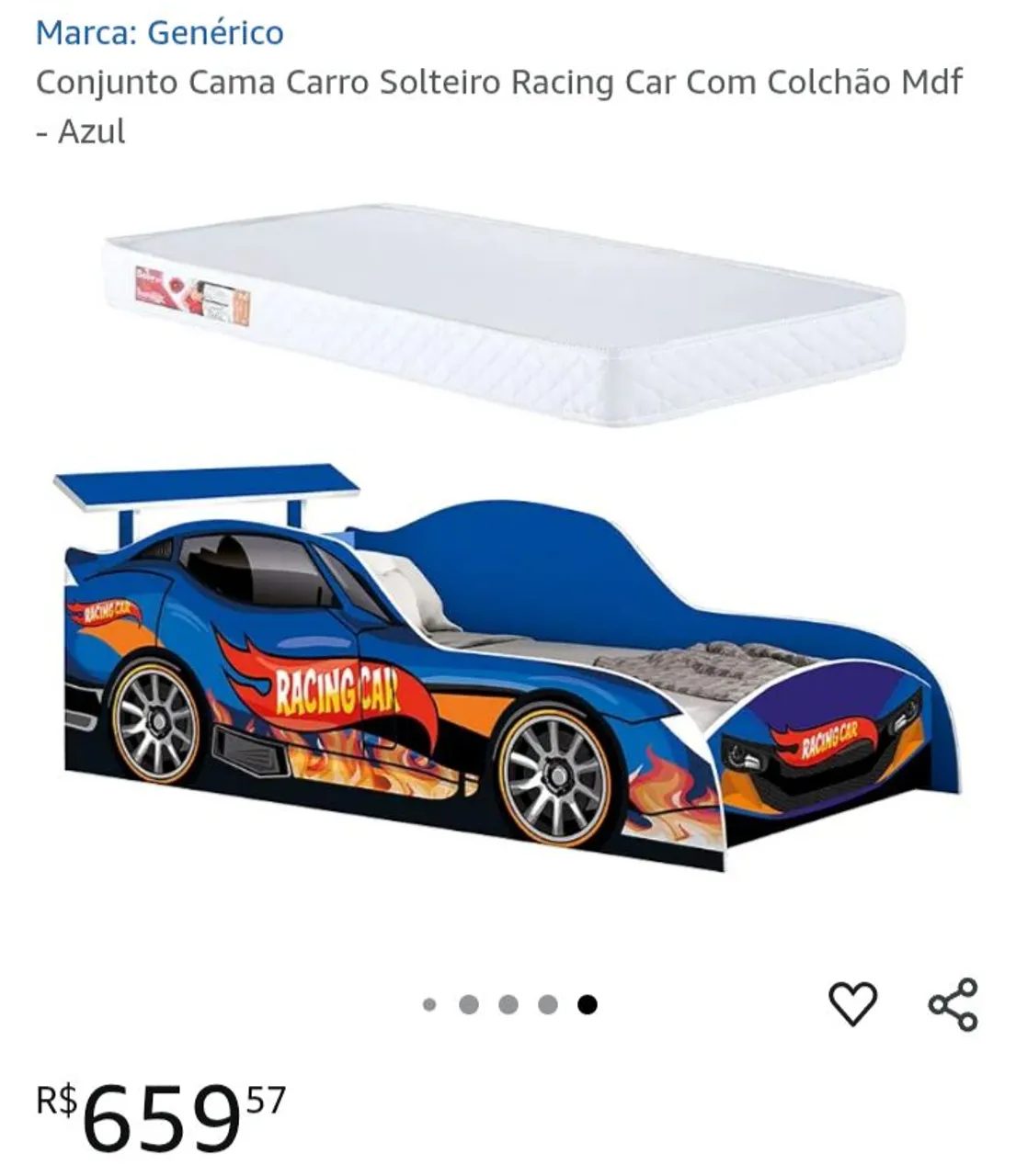 Conjunto Cama Carro Solteiro Racing Car com Colchão MDF