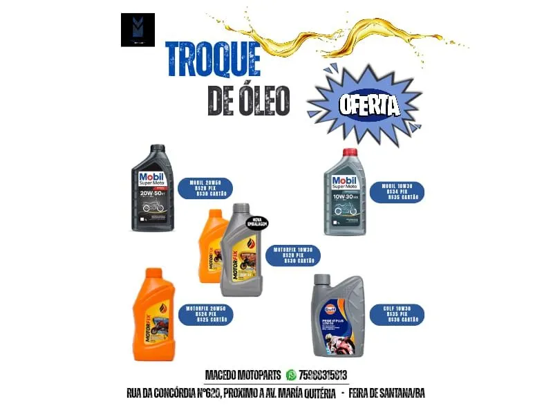 Promoção Troca de Óleo para Motos - PREÇOS NA DESCRIÇÃO!