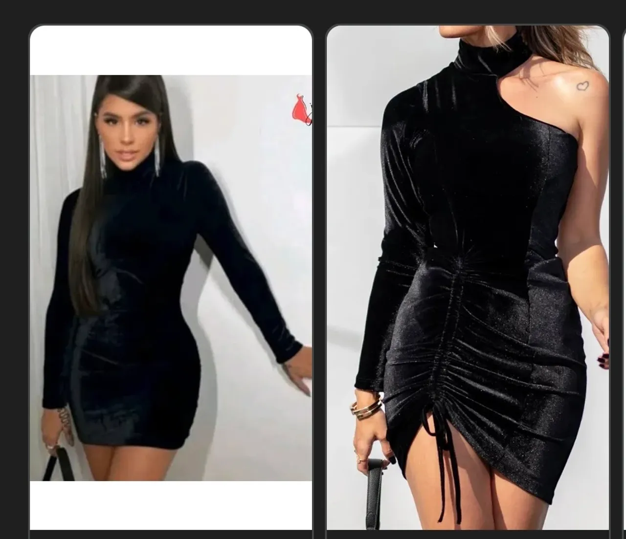 Vestido Veludo Manga Longa e Ombro Único