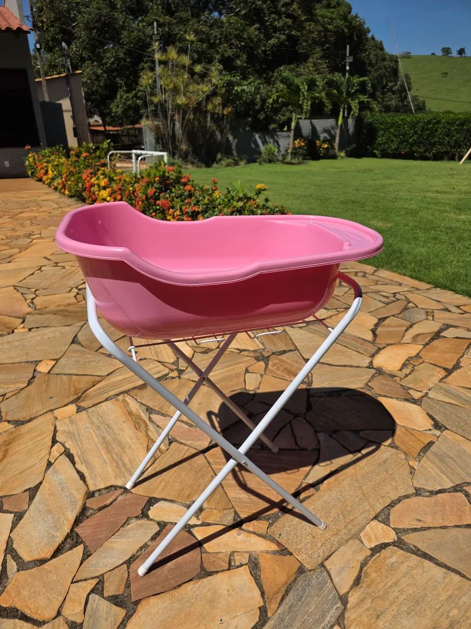 Banheira e suporte bebê rosa