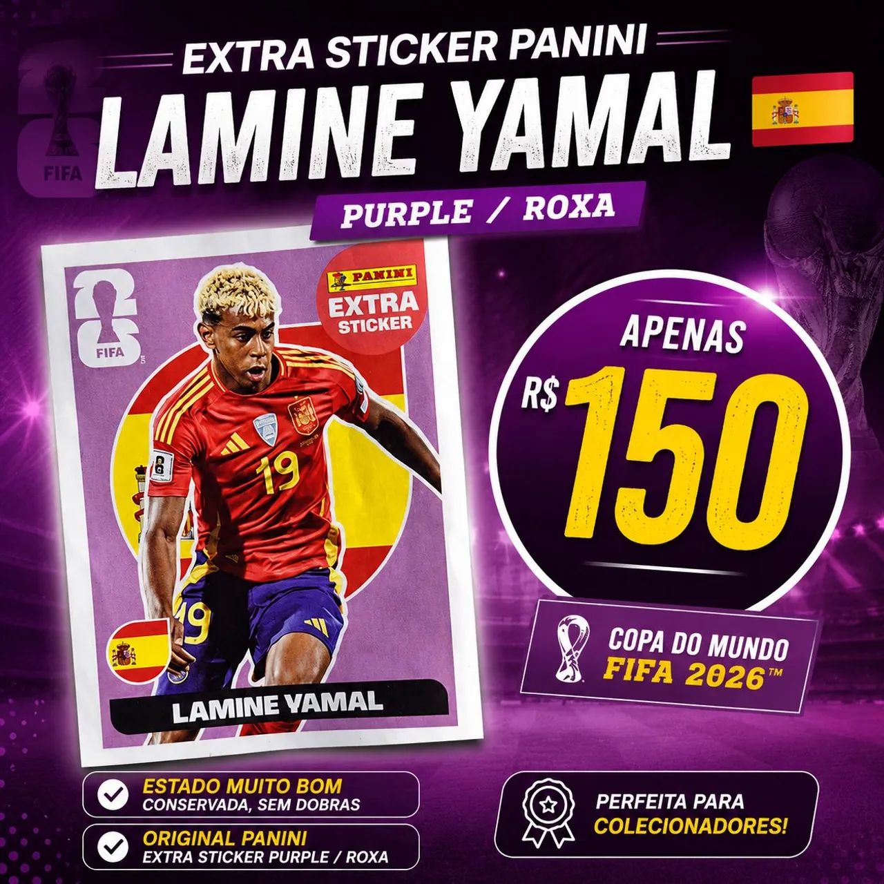 Figurinha Legend Extra Sticker Lamine Yamal 2026 Roxa/Lilás OFICIAL  - Foto 3